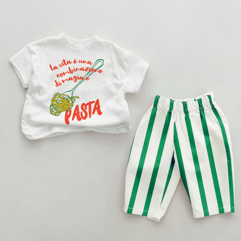 PASTA Baby Green Food Vertical Striped 2-piece Set - White&Green - 2-3T - image 1