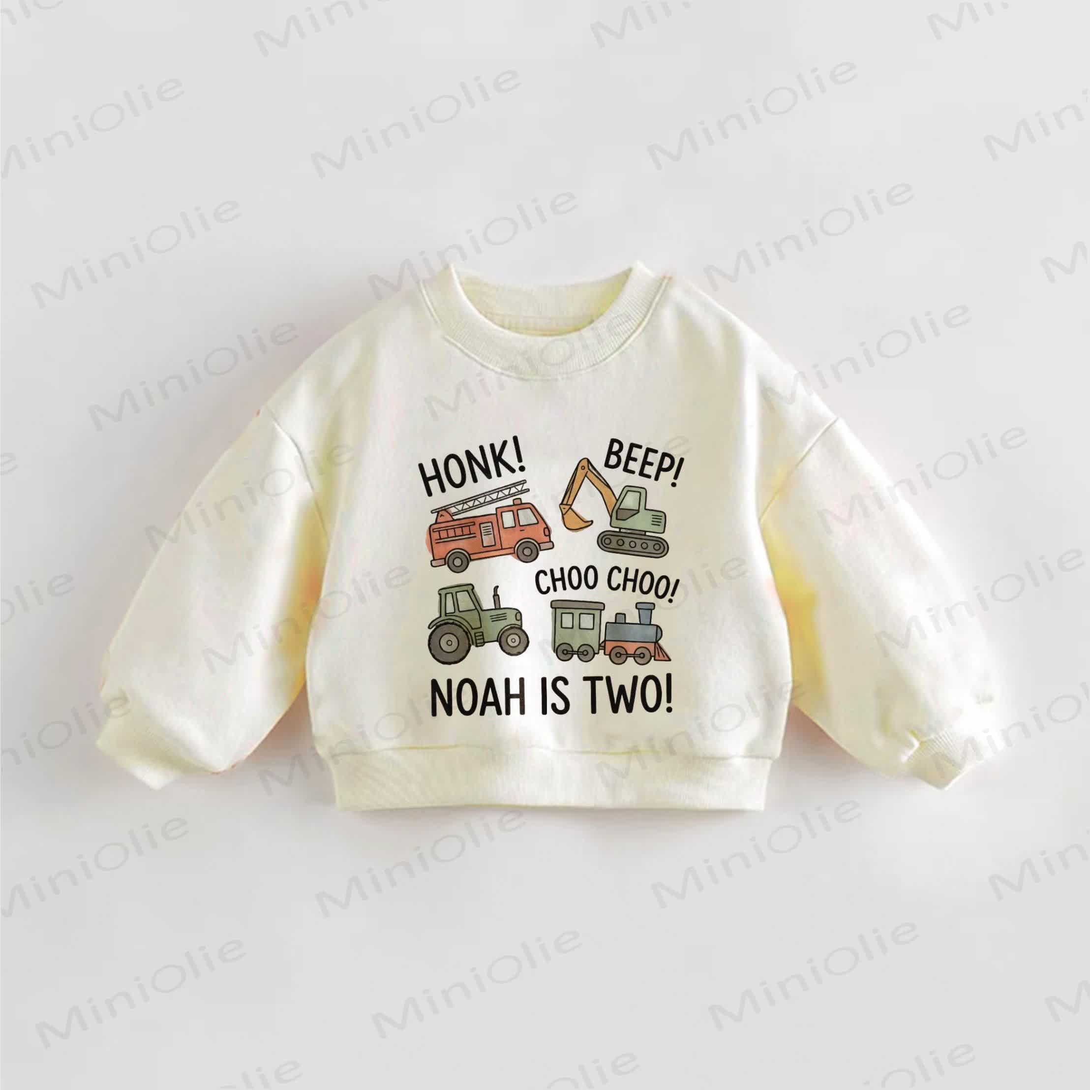 HONK! BEEP! CHOO CHOO! NOAH IS TWO! Baby Toddle Excavator Print Sweatshirt - Cream - 3-5T - image 1