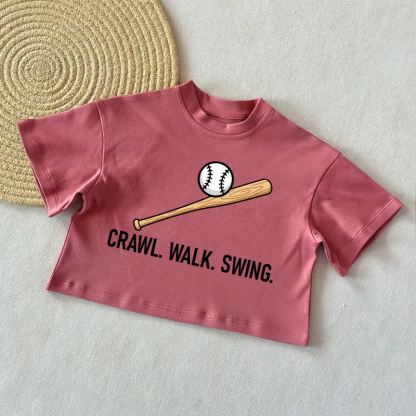 CRAWL. WALK. SWING. Baby Baseball Summer Casual T-Shirt - Brick Red - 2-3T - image 4