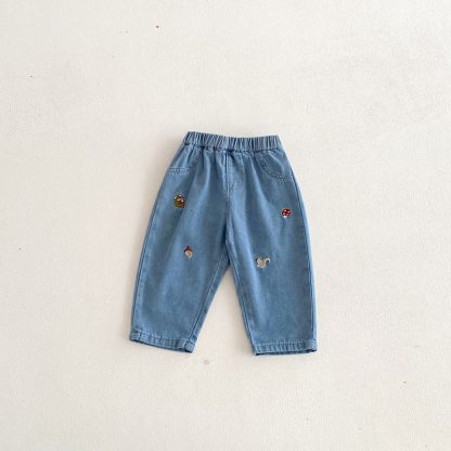 Baby Toddler Boy Squirrel Mushroom Denim Pants - Blue - 3-5T - image 5