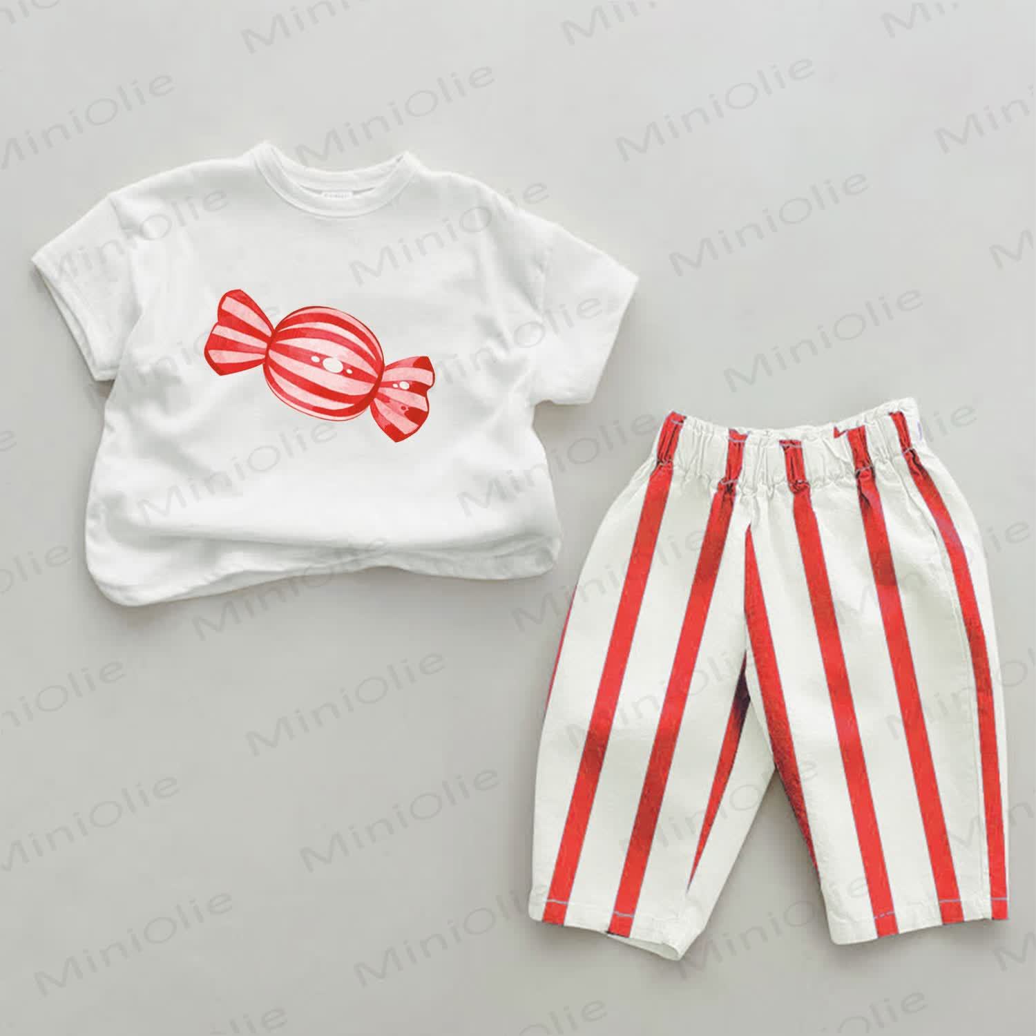 GIRL Baby Casual Red Candy Vertical Striped 2-piece Set - White&Red - 2-3T - image 1