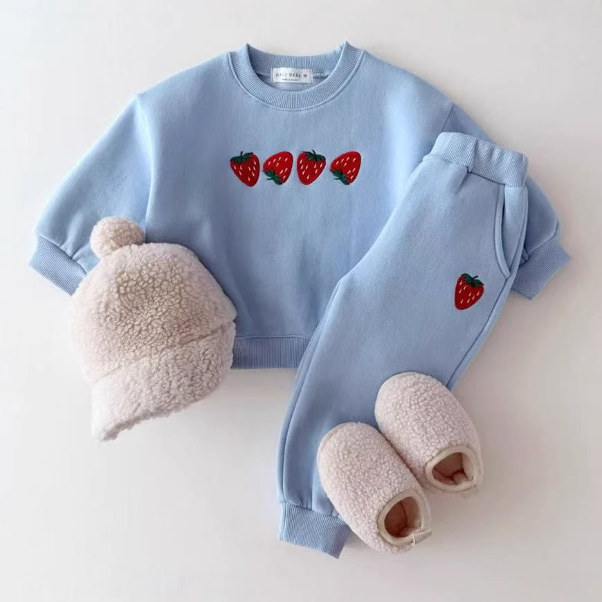 Baby Toddler Strawberry Embroidered Sweatshirt 2-piece Set  - Blue - 5-7T - image 3
