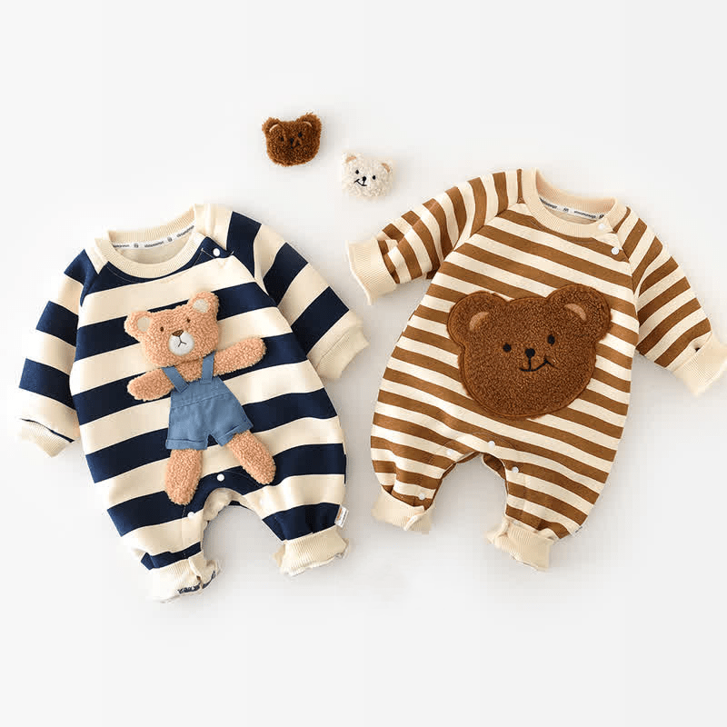 Baby Striped Bear Fleece Lined Romper - image 1