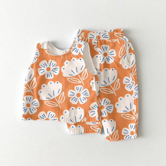 Toddler Girl Flower Print Orange 2-piece Sleeveless Set - Orange - 5-7T - image 1
