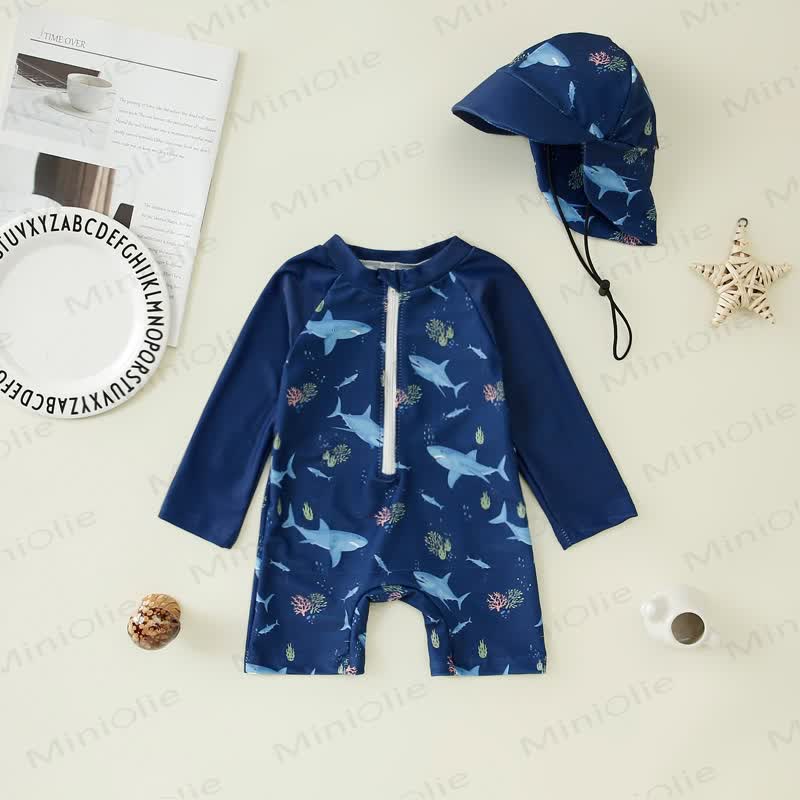 Baby Toddler Boy Dinosaur Shark Swimsuit with Hat - image 2