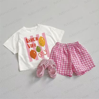 LEMON VIBE ONLY Baby Tee and Plaid Shorts 2-Piece Set - White&Pink - 3-5T - image 1
