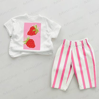 Baby Strawberry Pattern Pink Vertical Striped 2-piece Set - White&Pink - 2-3T - image 1