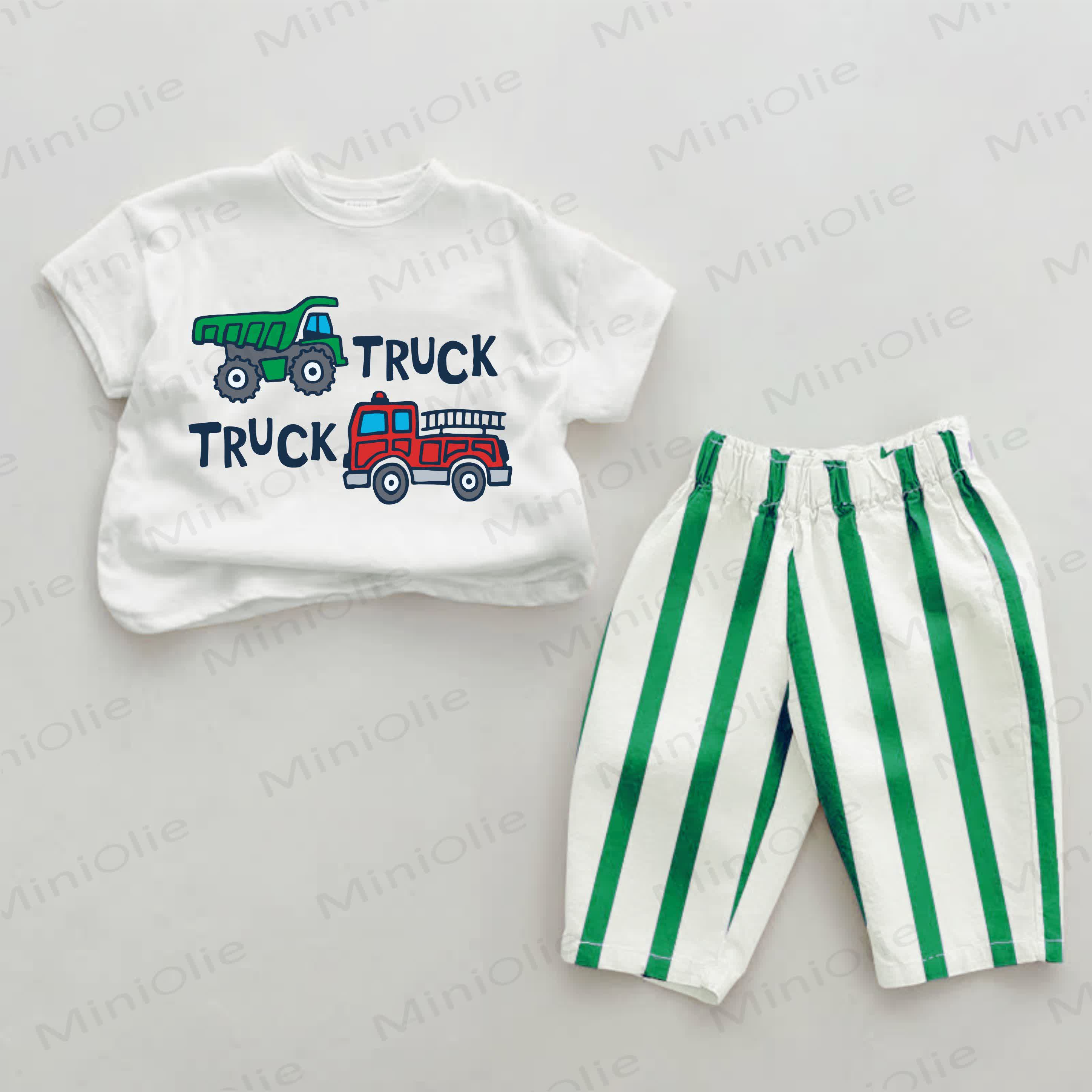 TRUCK TRUCK Baby Green Truck Print Vertical Striped 2-piece Set - White&Green - 2-3T - image 1