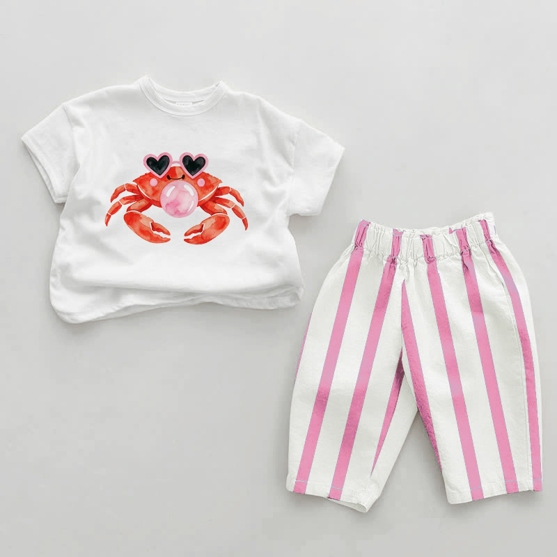 Baby Pink Bubble-Blowing Crab Vertical Striped 2-piece Set - White&Pink - 2-3T - image 1