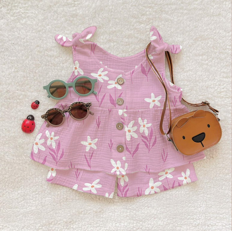 Baby Girl Flower Print Suspenders 2-piece Set - Purple - 2-3T - image 1