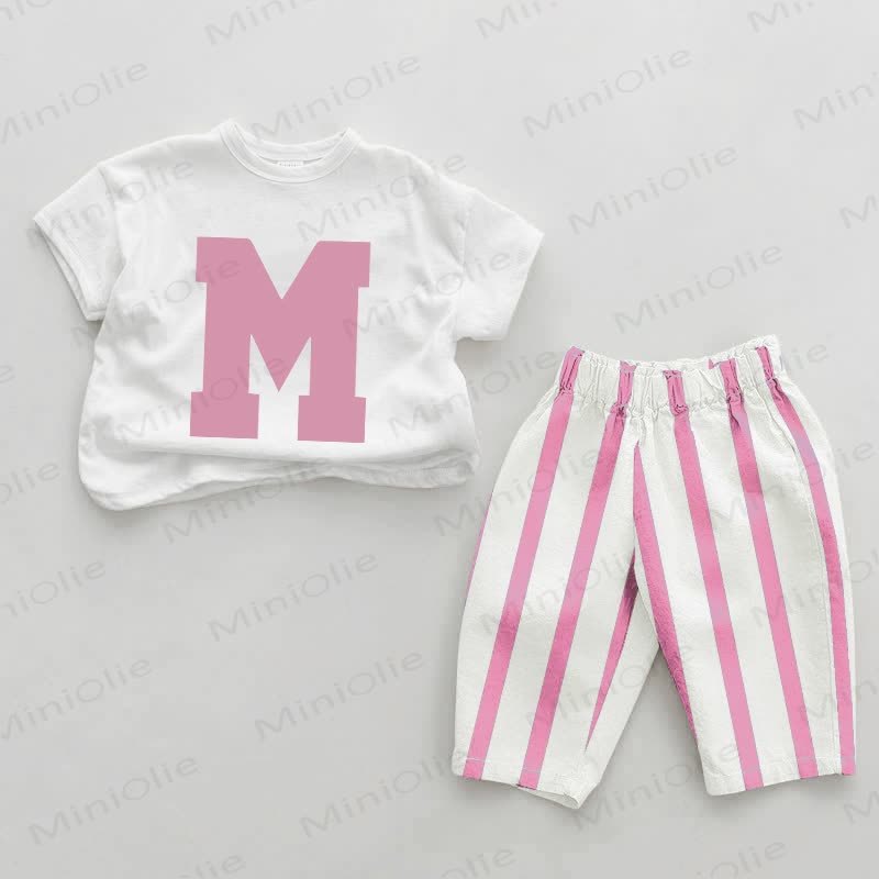 Baby Girls Letter Print Pink Vertical Striped 2-piece Set - White&Pink - 2-3T - image 1