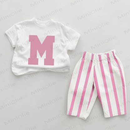 Baby Girls Letter Print Pink Vertical Striped 2-piece Set - White&Pink - 2-3T - image 1