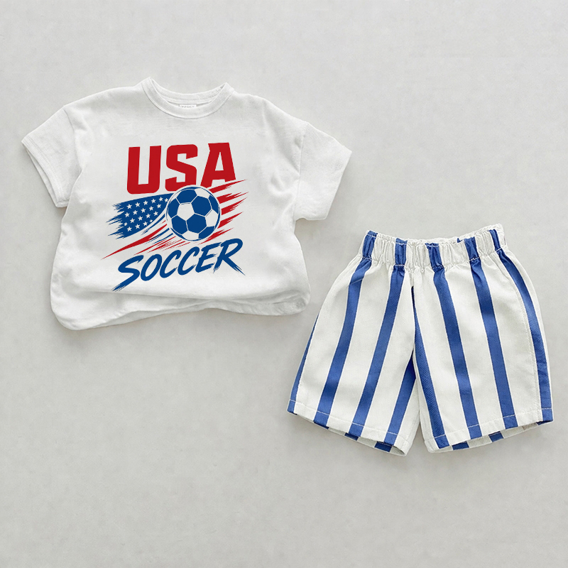 USA SOCCER Baby Blue Vertical Striped 2-piece Shorts Set - White&Blue - 2-3T - image 1
