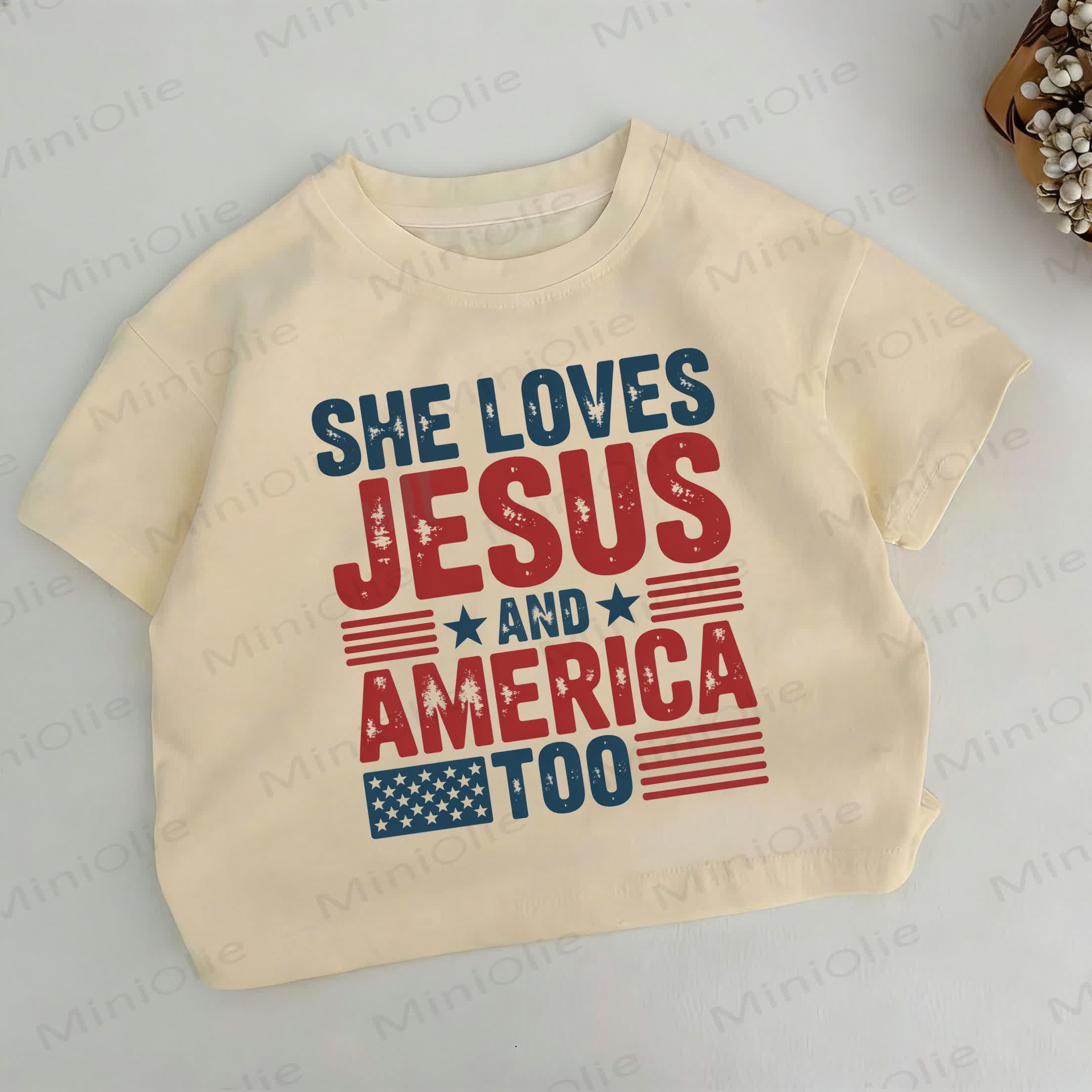 SHE LOVES JESUS AND AMERICA TOO Toddler Slogan Khaki T-shirt - Khaki - 6-7T - image 1