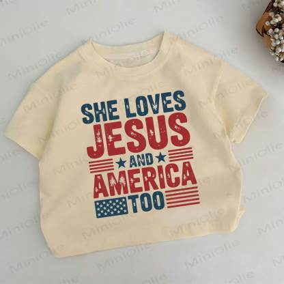 SHE LOVES JESUS AND AMERICA TOO Toddler Slogan Khaki T-shirt - Khaki - 6-7T - image 1