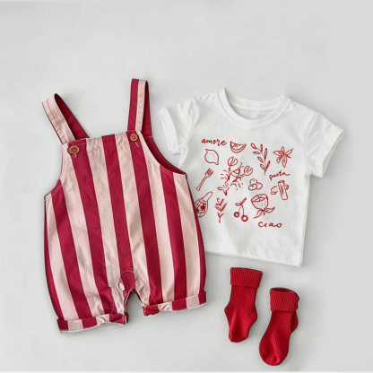 Baby Food Print Red Stripe Overalls and White Tee 2-piece Set - White&Red - 2-3T - image 1