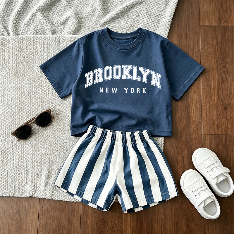 BROOKLYN NEW YORK Baby Blue Tee and Striped Shorts 2-Piece Set - Blue - 3-5T - image 1