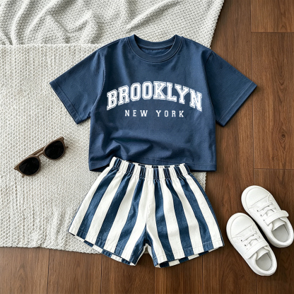 BROOKLYN NEW YORK Baby Blue Tee and Striped Shorts 2-Piece Set - Blue - 3-5T - image 1