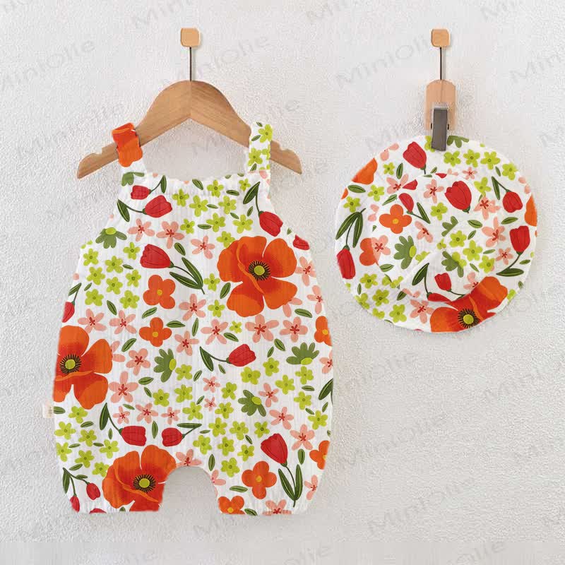 Baby Flower Print White Jumpsuit with Hat - White - 18-24M - image 1