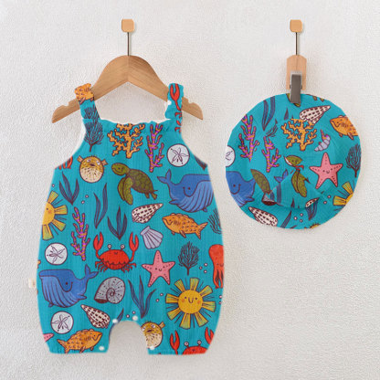 Baby Sea Animals Print Romper with Hat - Lake Blue - 18-24M - image 1