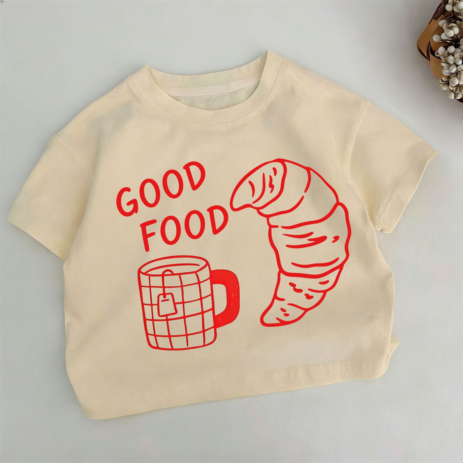 GOOD FOOD Toddler Kid Teacup and Croissant Print Slogan Khaki T-shirt - Khaki - 6-7T - image 1