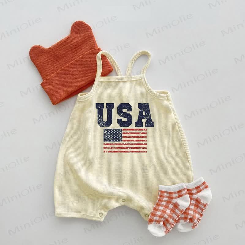 USA Baby Flag Waffle Suspenders Romper - Beige - 18-24M - image 1