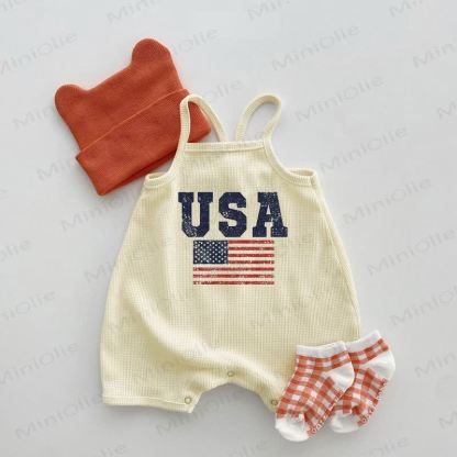 USA Baby Flag Waffle Suspenders Romper - Beige - 18-24M - image 1