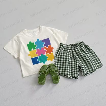 Baby Print Tee and Plaid Shorts 2-Piece Set - White&Green - 3-5T - image 1