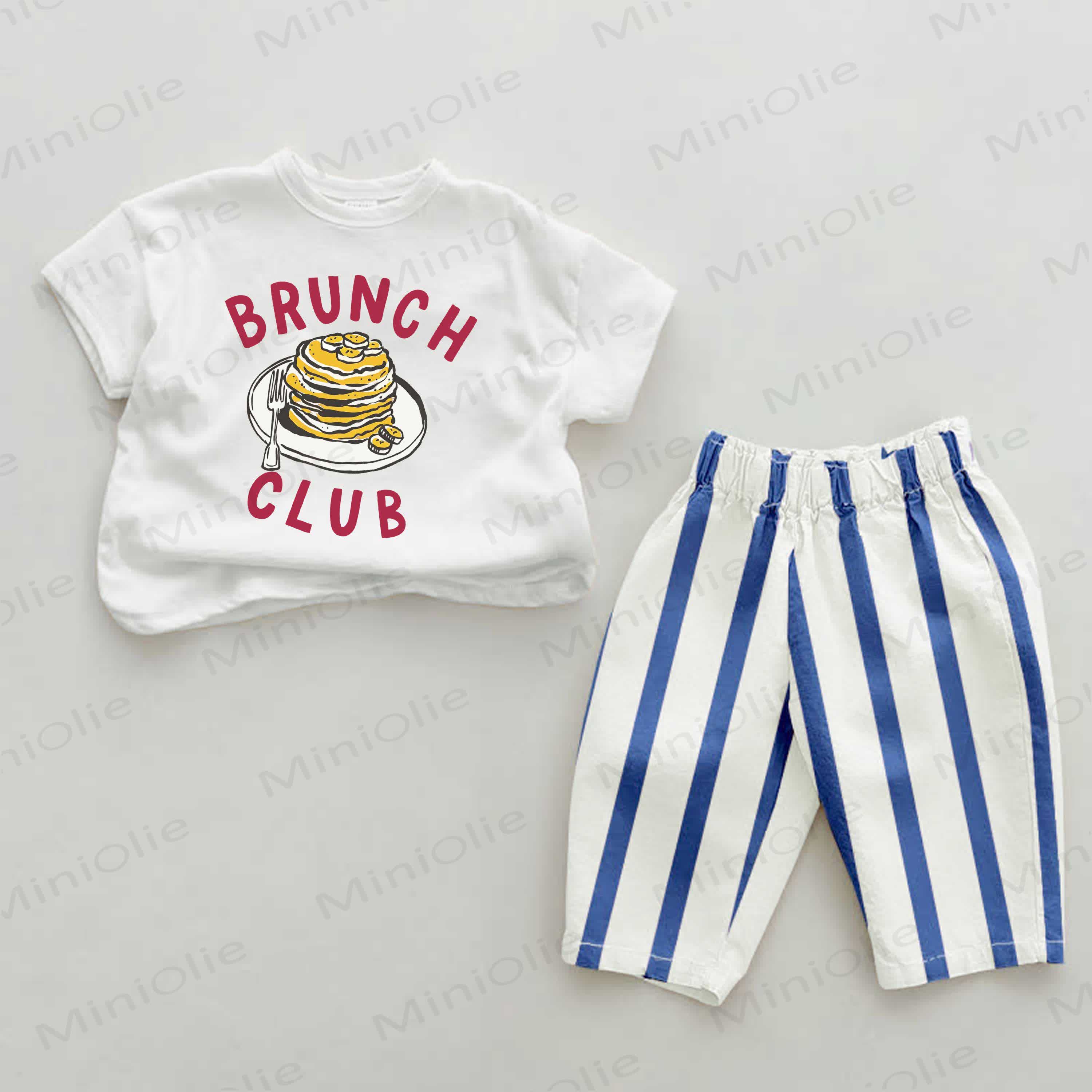 BRUNCH CLUB Baby Pancake Print Blue Vertical Striped 2-piece Set - White&Blue - 2-3T - image 1