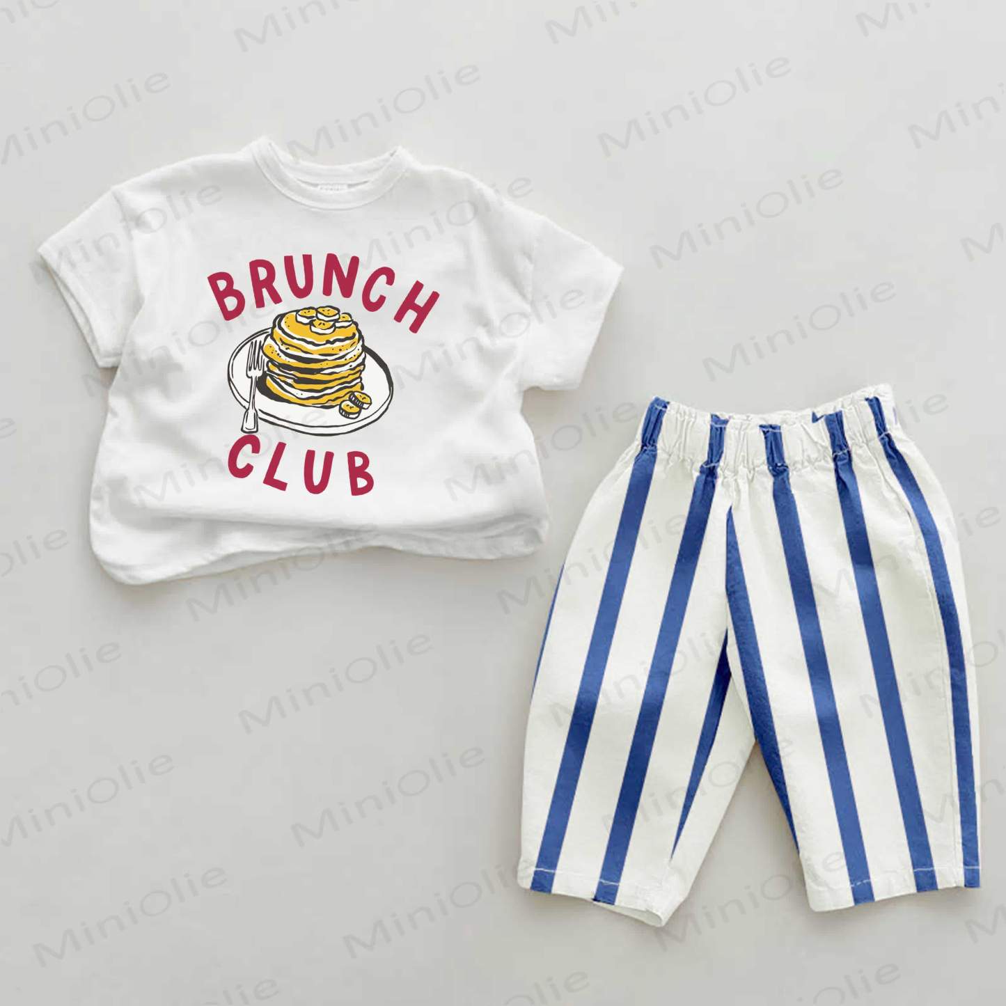 BRUNCH CLUB Baby Pancake Print Blue Vertical Striped 2-piece Set - White&Blue - 2-3T - image 1