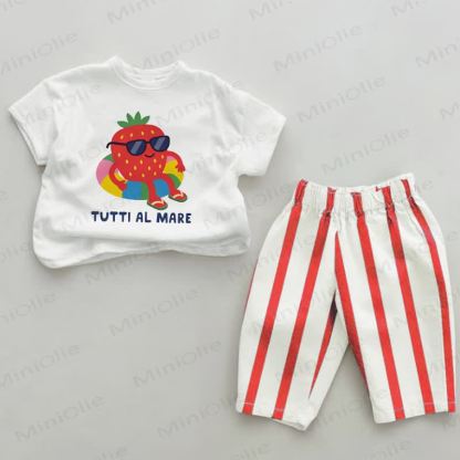 TUTTI AL MARE Baby Strawberry Print Red Striped 2-piece Set - White&Red - 2-3T - image 1