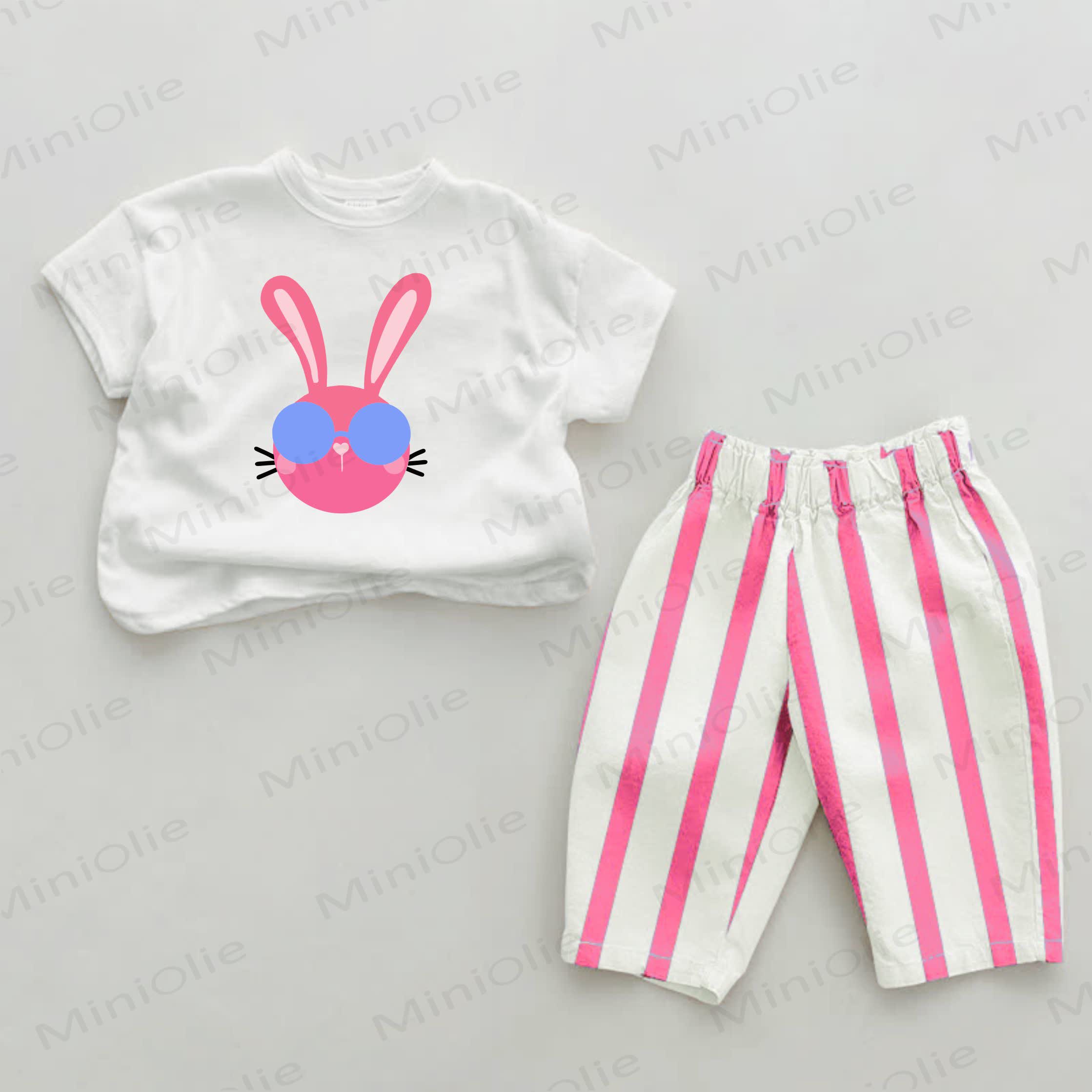 Baby Glasses Rabbit Pink Vertical Striped 2-piece Set - White&Pink - 2-3T - image 1