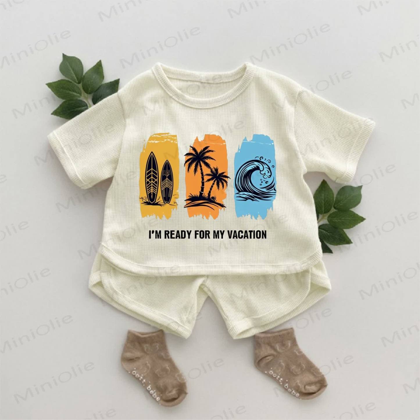 I'M READY FOR MY VACATION Baby Beach Scenery Print Waffle 2-piece Set - Apricot - 2-3T - image 1