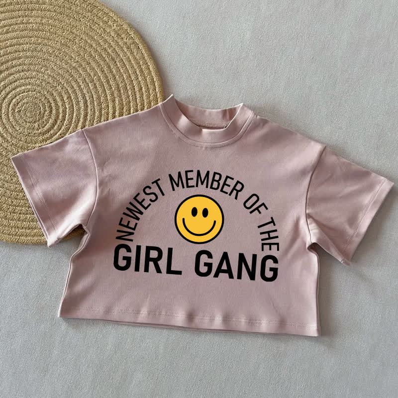 NEWEST MEMBER OF THE GIRL GANG Baby Smiling Face Summer Casual T-Shirt - Coral Pink - 2-3T - image 3