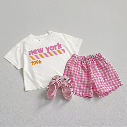 NEW YORK 1996 Baby Print Tee and Plaid Shorts 2-Piece Set - White&Pink - 3-5T - image 1