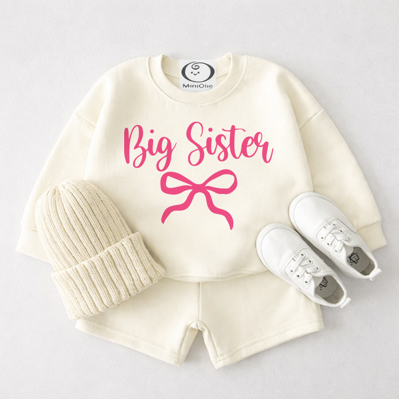 BIG/LITTLE SISTER Baby Cream White Bowknot Sweatshirt and Shorts 2-piece Set - Big - 3-4T - image 1