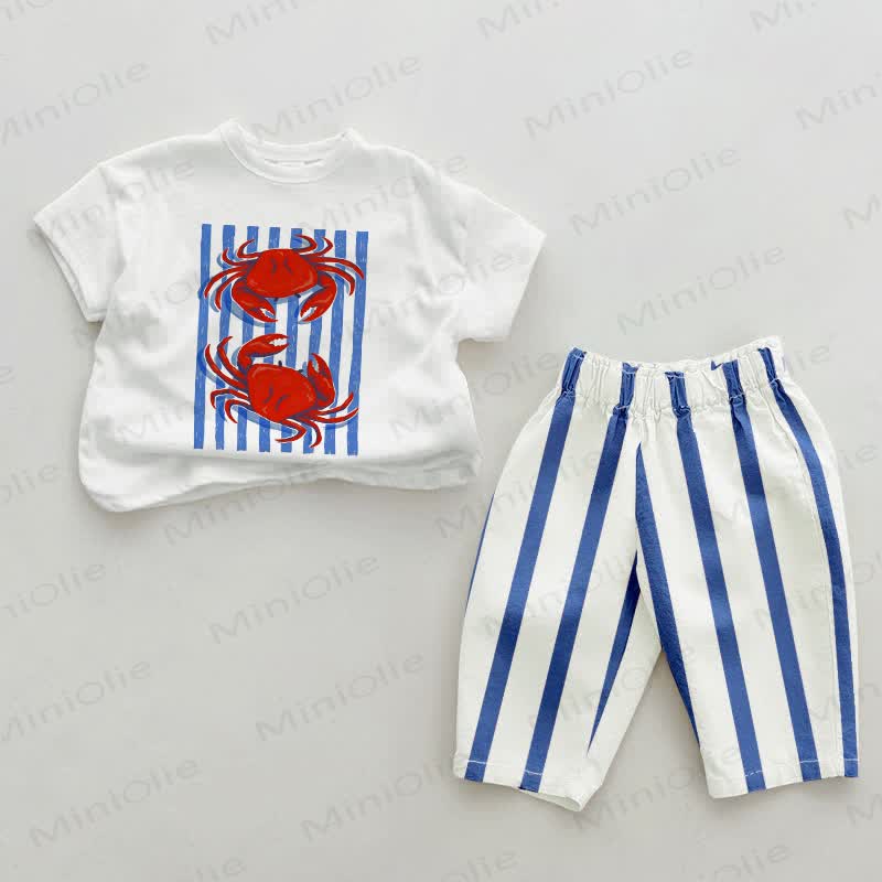 Baby Crabs Pattern Blue Vertical Striped 2-piece Set - White&Blue - 2-3T - image 1