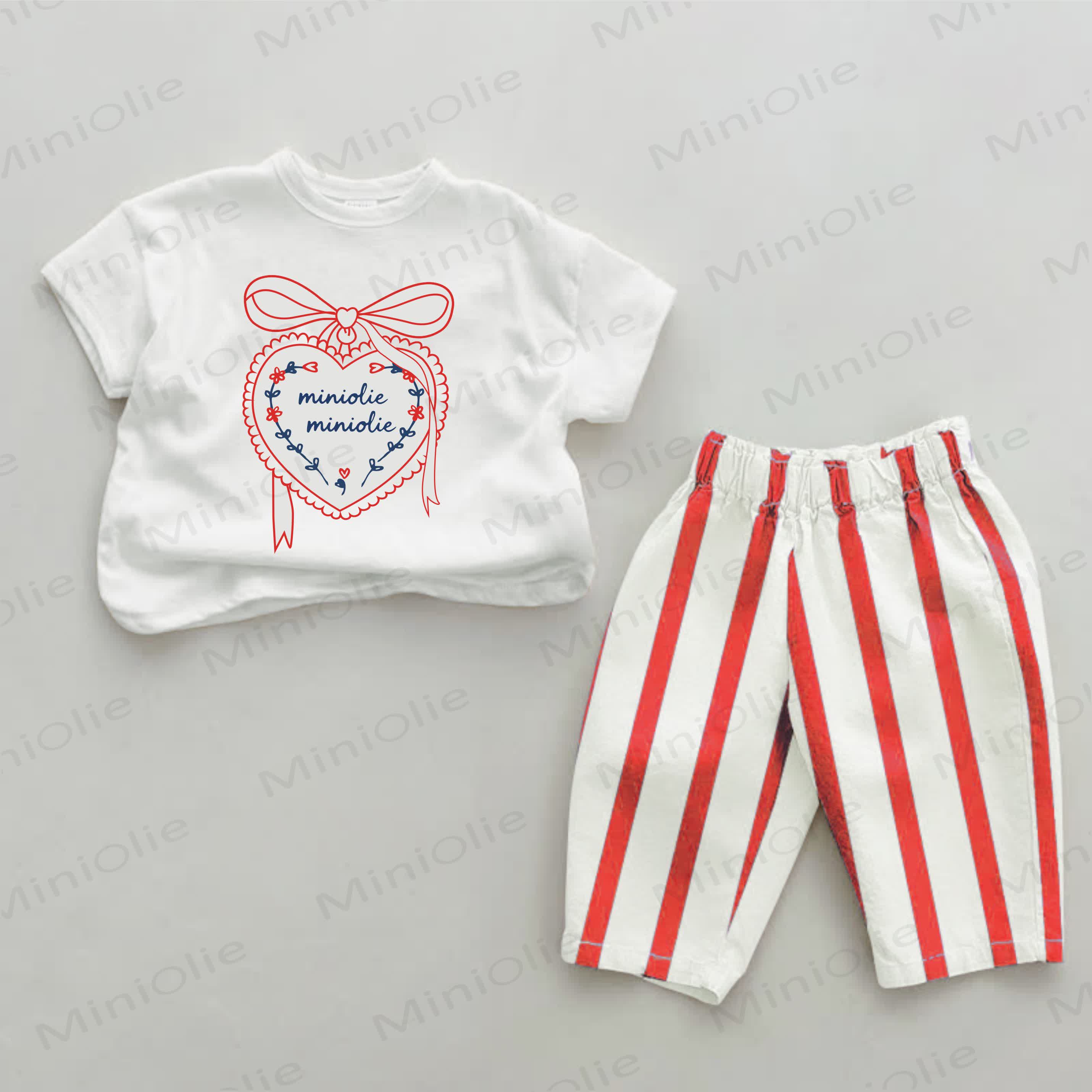 MINIOLIE MINIOLIE Baby Heart and Bow Print Red Striped 2-piece Set - White&Red - 2-3T - image 1
