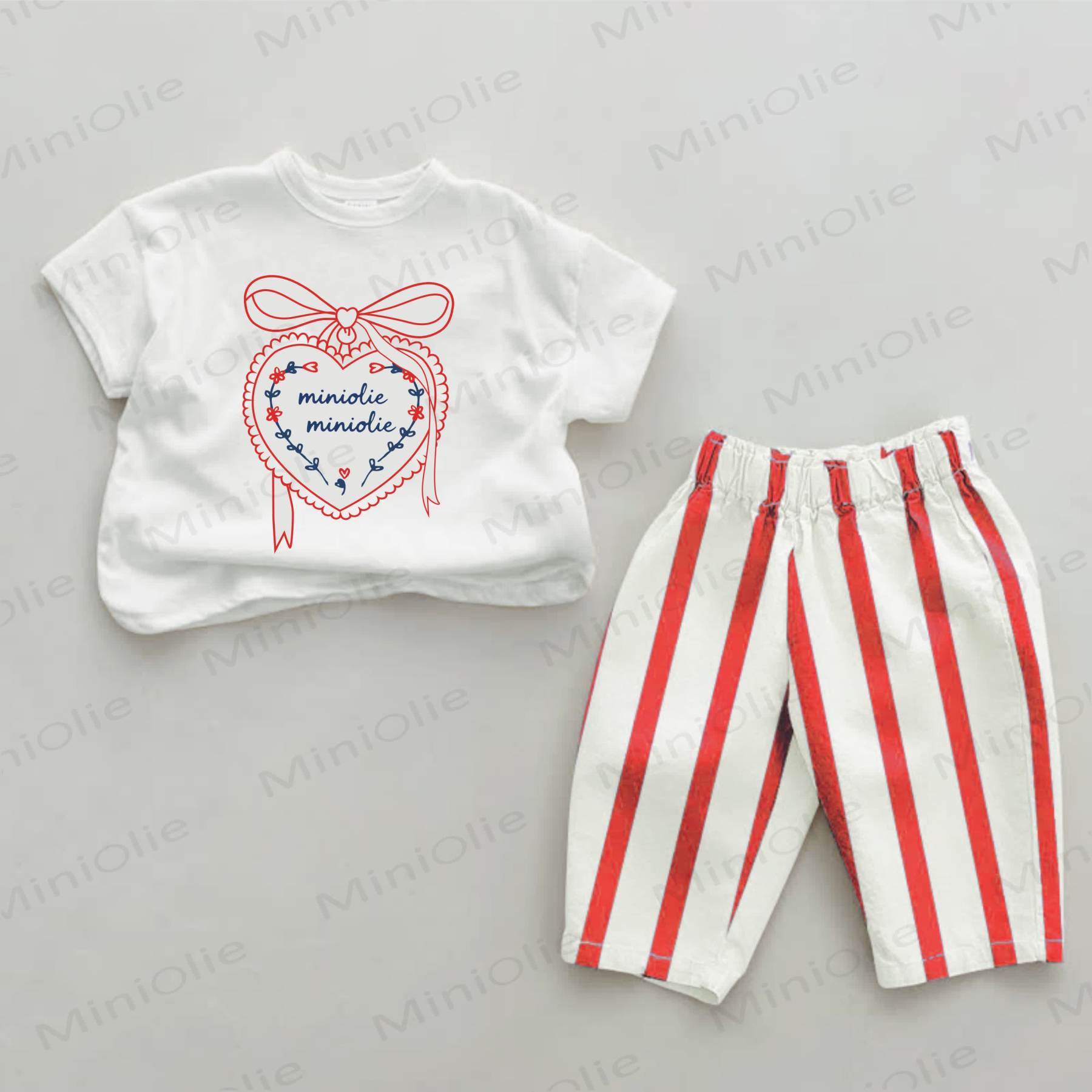 MINIOLIE MINIOLIE Baby Heart and Bow Print Red Striped 2-piece Set - White&Red - 2-3T - image 1