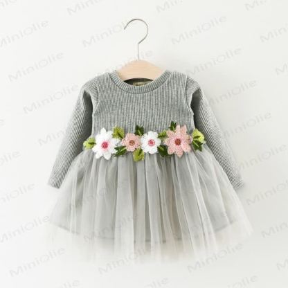 Baby Flower Stitching Mesh Dress - Grey - 2-3T - image 1