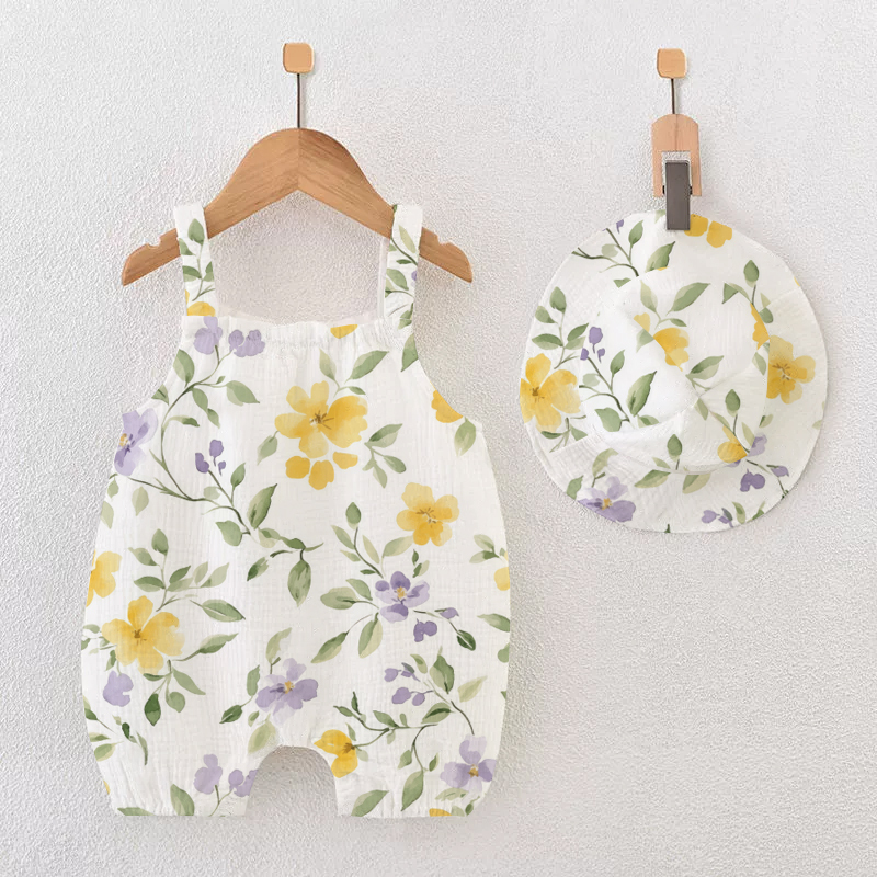 Baby Girl Yellow Floral Romper with Hat - White - 12-18M - image 1
