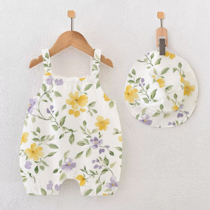 Baby Girl Yellow Floral Romper with Hat - White - 12-18M - image 1