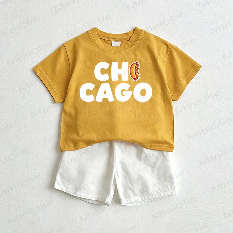 CHICAGO Baby Hot Dog Tee and Shorts 2-Piece Set - Yellow&White - 3-5T - image 1