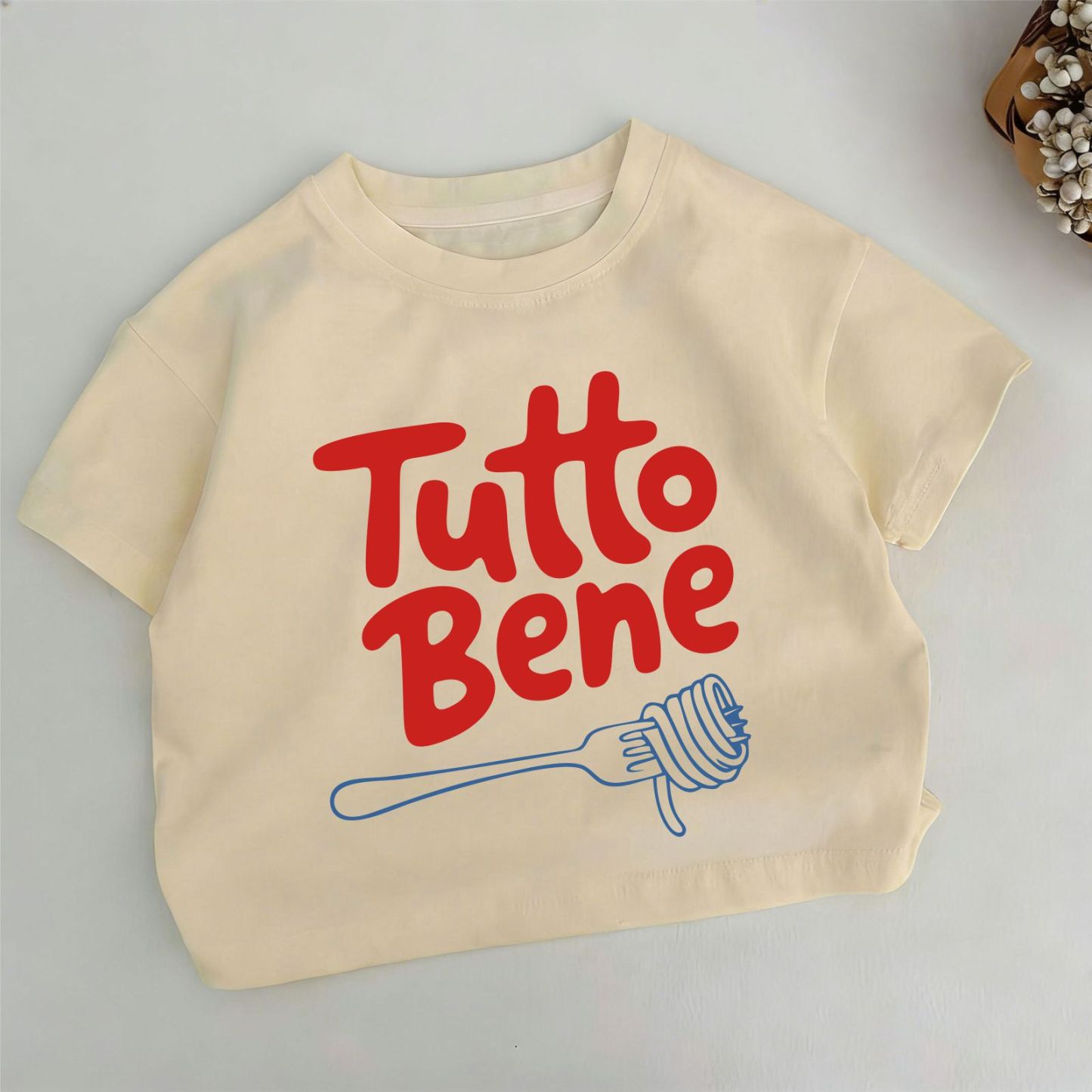 TUTTO BENE Toddler Kid Fork and Pasta Print Slogan Khaki T-shirt - Khaki - 6-7T - image 1