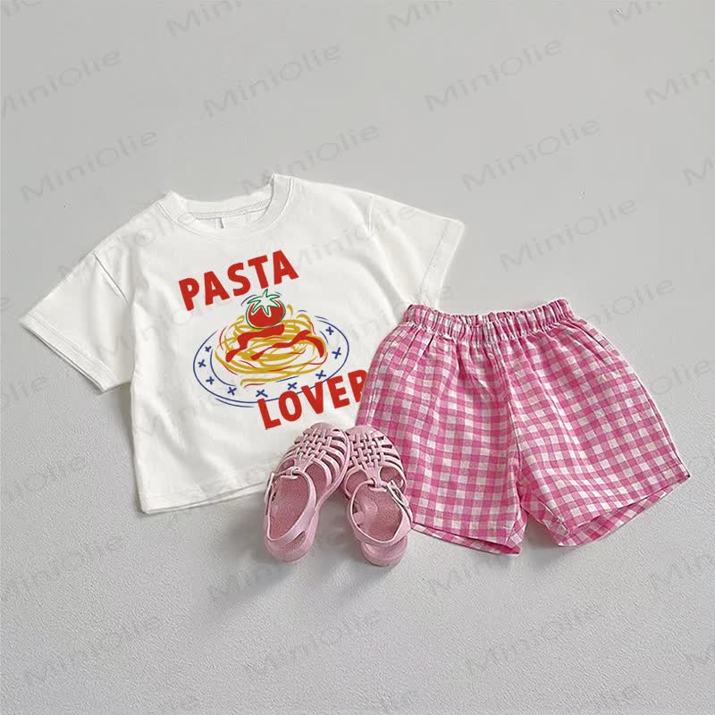 PASTA LOVER Baby Pink Tee and Plaid Shorts 2-Piece Set - White&Pink - 3-5T - image 1