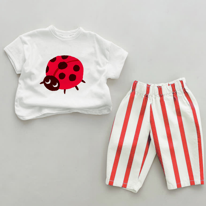 Baby Red Ladybug Vertical Striped 2-piece Set - White&Red - 2-3T - image 1