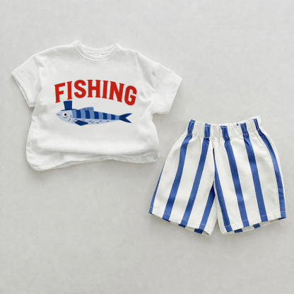 FISHING Baby Blue Vertical Striped 2-piece Shorts Set - White&Blue - 2-3T - image 1