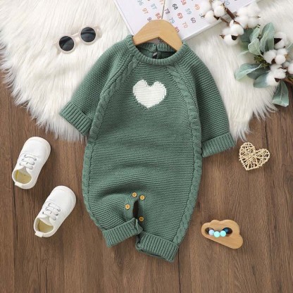 Baby Heart Knit Romper with Socks Gloves - Green - 12-18M - image 5