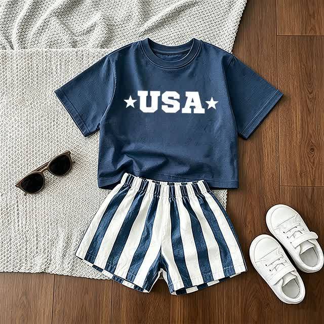USA Baby Tee and Striped Shorts 2-Piece Set - Blue - 3-5T - image 1