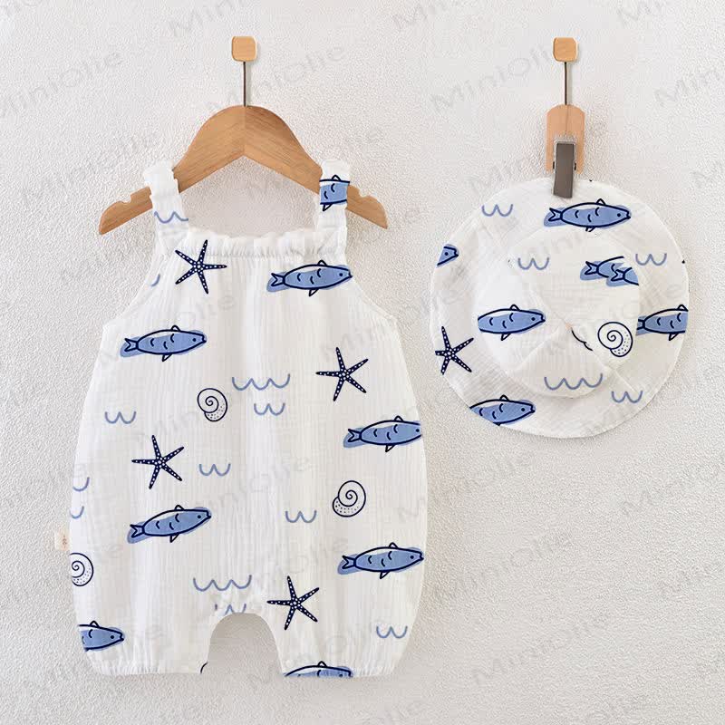 Baby Little Fish Print White Jumpsuit with Hat - White - 18-24M - image 1